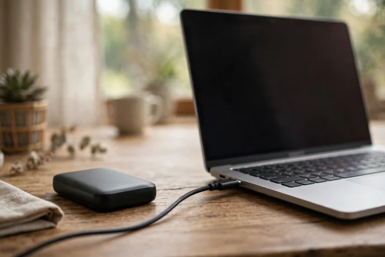 External hard drive connected to a laptop for backing up files and freeing C drive space