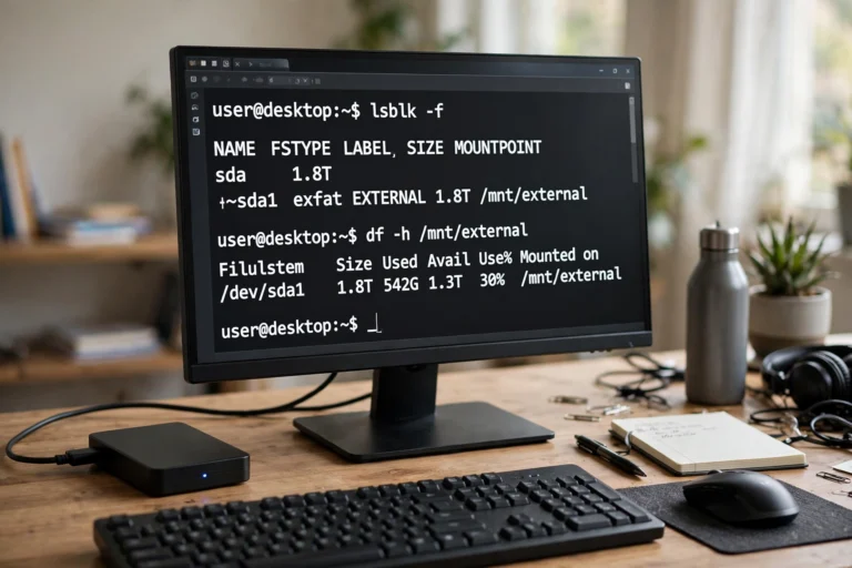 External hard drive connected to a computer with a terminal window showing the backup folder link command