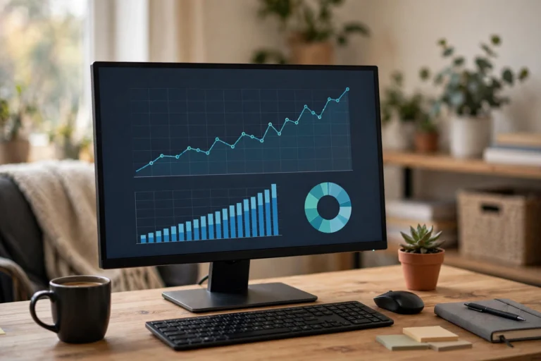 Faceless YouTube channel analytics showing watch time growth on a monitor