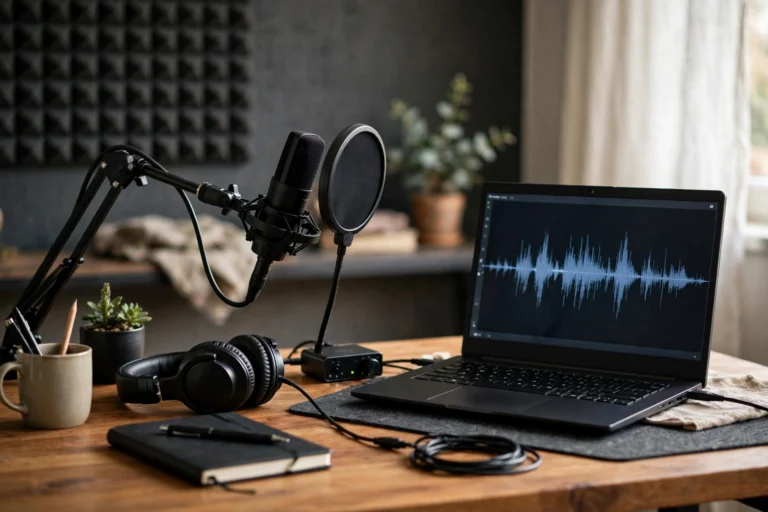 Creator recording voiceover for a faceless YouTube channel at a home desk with microphone