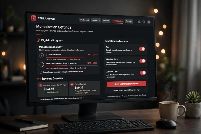 Generic video platform monetization settings page with ad and membership toggles