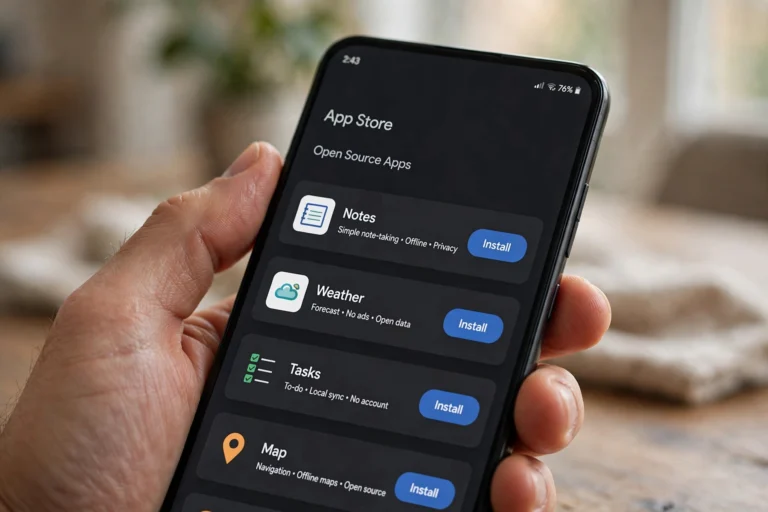 Close-up of a phone screen showing the F-Droid open source app store interface