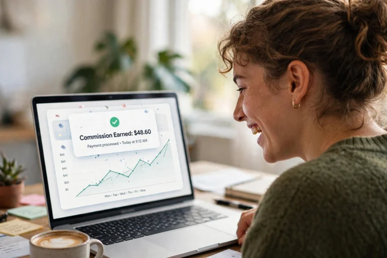 Happy beginner seeing their first affiliate commission notification of $48.60 on a laptop screen