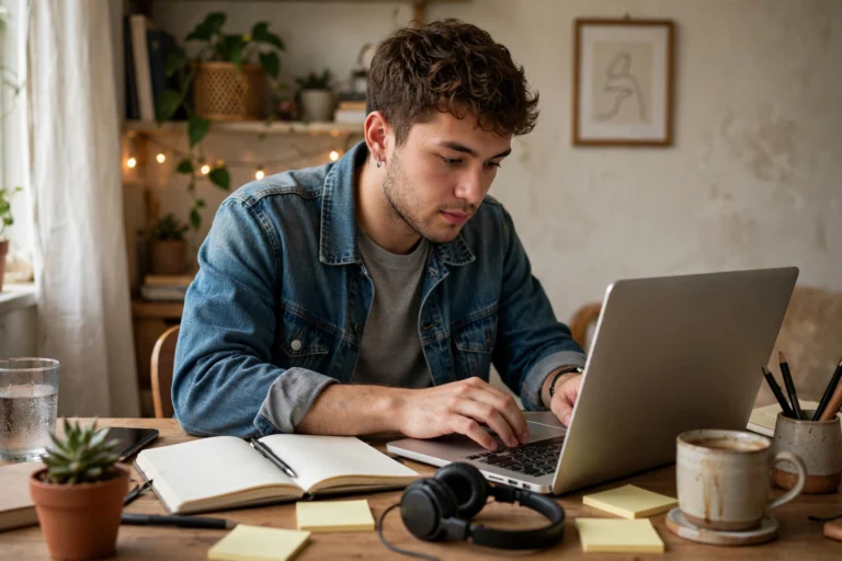Beginner creating a first Fiverr gig listing on a laptop