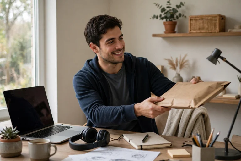 Fiverr seller delivering a completed order from a home workspace