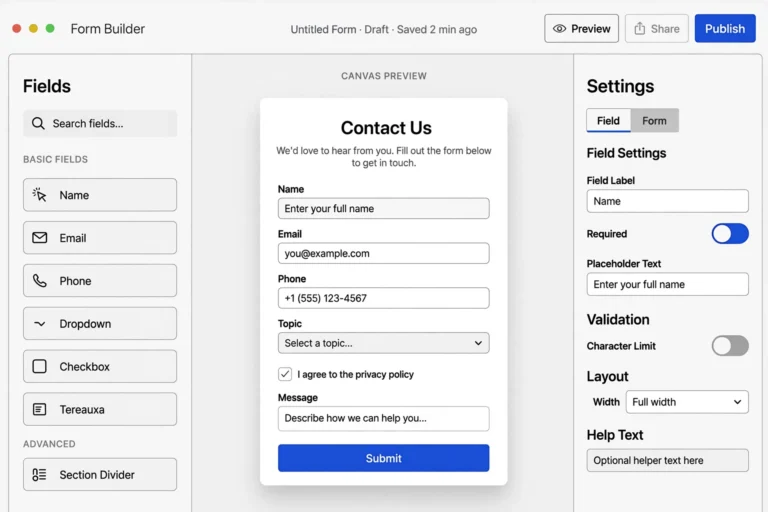 Generic drag-and-drop form builder showing field palette, form canvas and settings panel