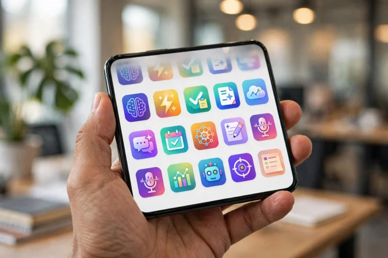 Smartphone showing a dashboard of colorful AI app icons for writing, design, and productivity tools