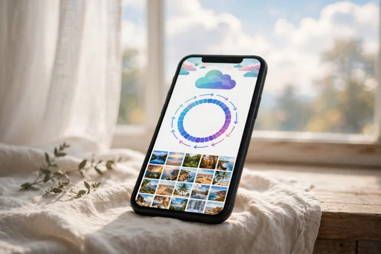 Smartphone showing Google Photos app syncing a photo library to the cloud