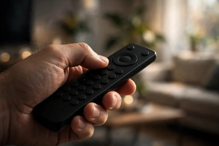 Hand holding a TV remote, representing the ACR automatic content recognition tracking running on smart TVs