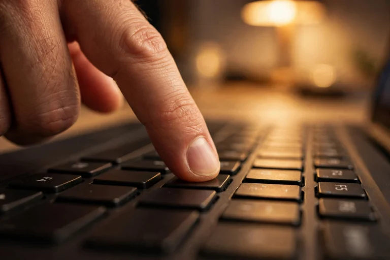 Hand pressing a function key on a laptop keyboard in close-up