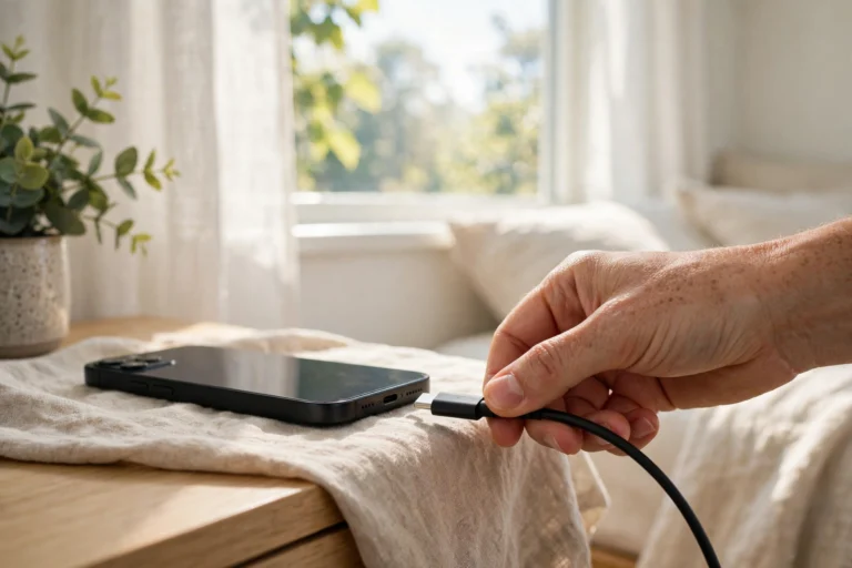 Hand unplugging an Android phone charger in the morning after safe overnight charging