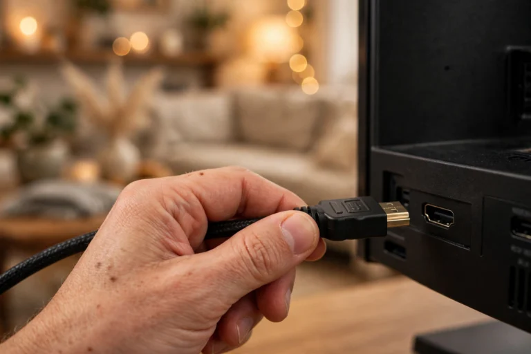 Close-up of an HDMI cable connector held next to a television port