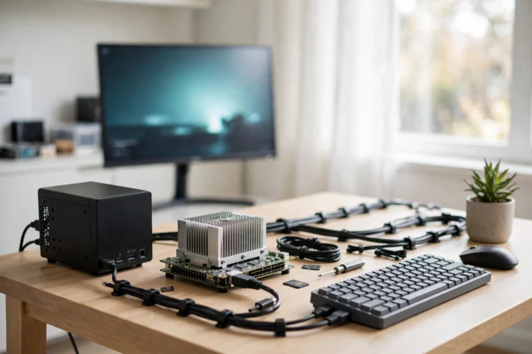 Tidy home lab desk with a mini PC, single-board computer, and network cables running Docker