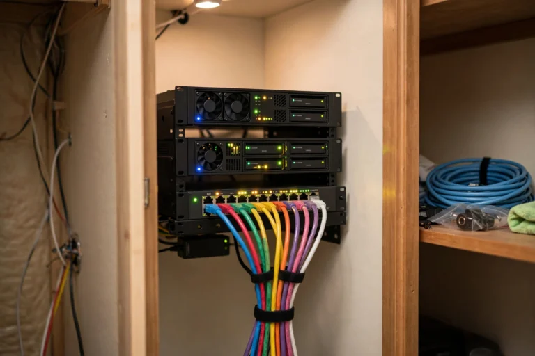 Small home network rack with two compact servers providing redundant DNS for the household
