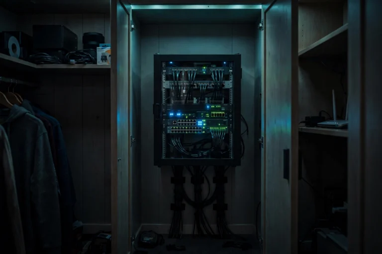 Small home server rack with blinking lights in a home office closet