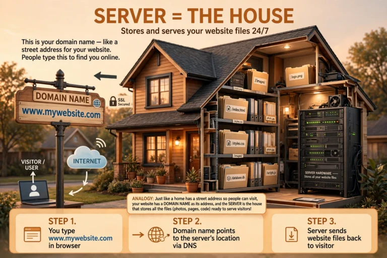 Simple visual analogy comparing web hosting to renting shop space for a business