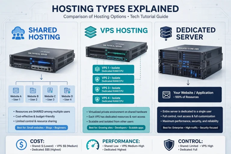 Diagram comparing shared, VPS, dedicated, and cloud hosting types