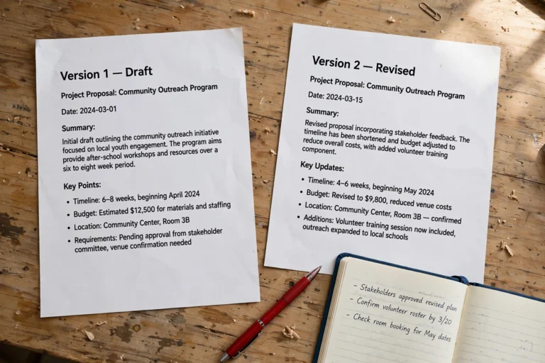 Two documents side by side on a desk comparing robotic AI text with natural human-written text