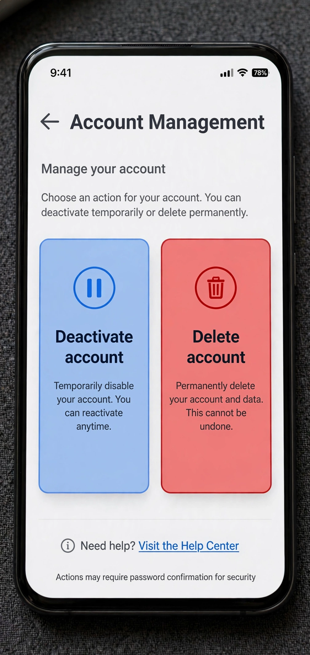 Choosing between deactivating and permanently deleting an account