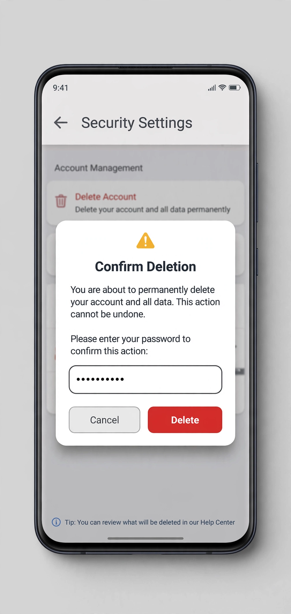 Confirming account deletion by entering password