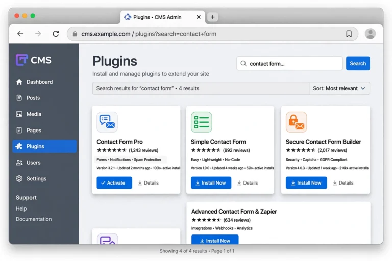Generic plugin directory showing a contact form plugin with install and activate buttons