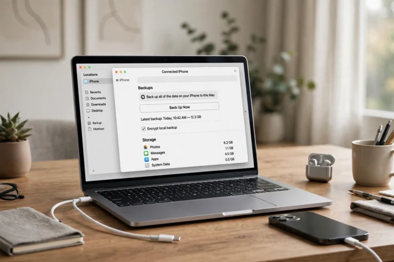 iPhone connected to a MacBook with Finder open showing the iPhone backup options screen