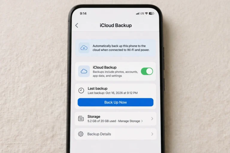 iPhone settings screen showing the iCloud Backup page with the backup toggle on and a Back Up Now button
