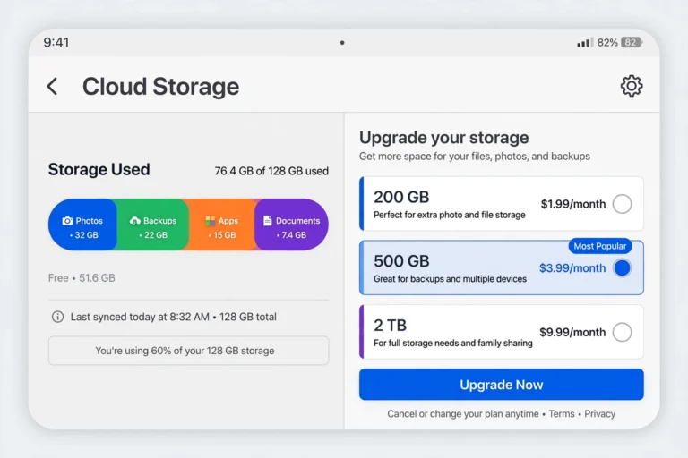 iPhone screen showing iCloud storage management with a storage bar for photos, backups and apps
