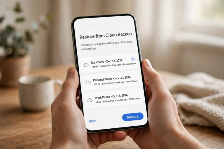 Person holding a new iPhone showing a restore from iCloud backup screen during setup