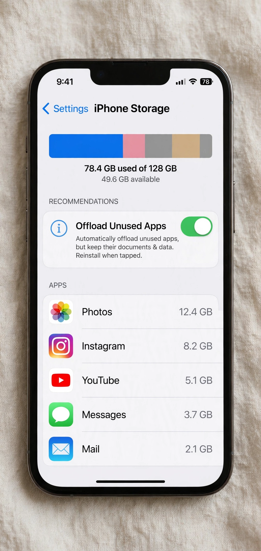 Offload Unused Apps toggle enabled in iPhone Storage settings