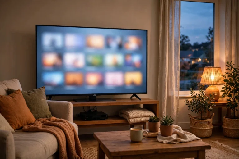 Cozy living room with a TV showing a self-hosted Jellyfin media library interface