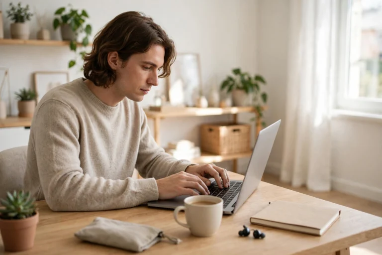 Person typing on a laptop at a tidy desk in a bright home office