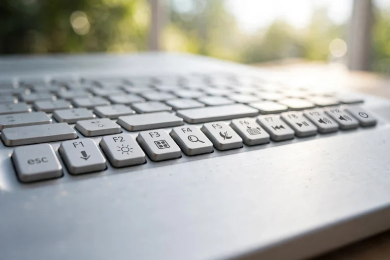 Close-up of the F1 to F12 function key row on a modern laptop keyboard