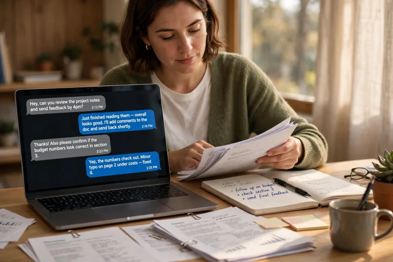 Person organizing saved chat transcripts and notes on a laptop with a notebook beside it