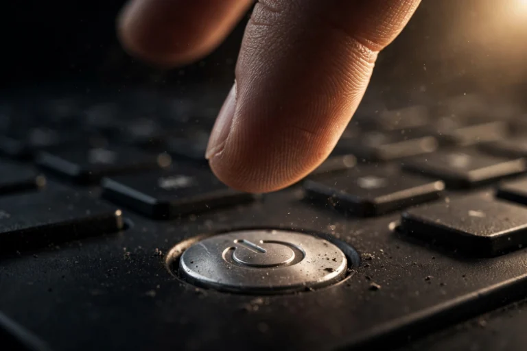 Close-up of a laptop power button that can be remapped in Windows 11 power settings