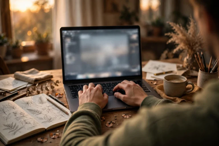 Person typing an AI art prompt on a laptop at a creative desk setup