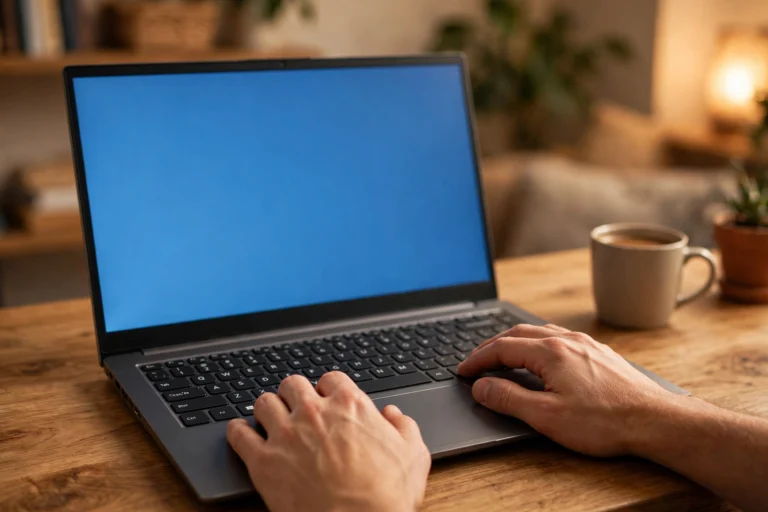Windows laptop on a desk with hands on the keyboard near the Windows key