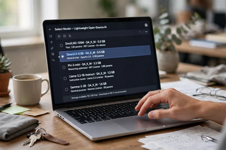 Laptop screen showing a selection of lightweight open-source AI models with their sizes listed