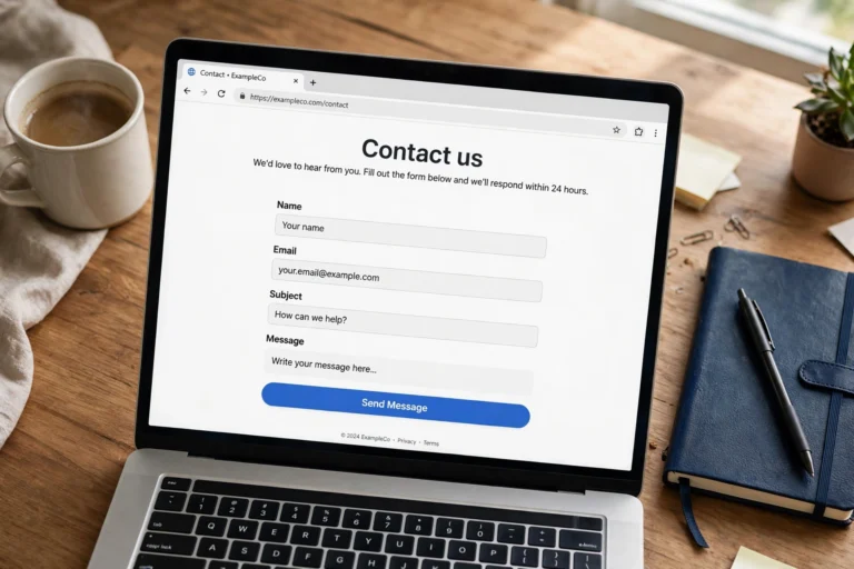 Laptop displaying a published contact page with a clean working contact form