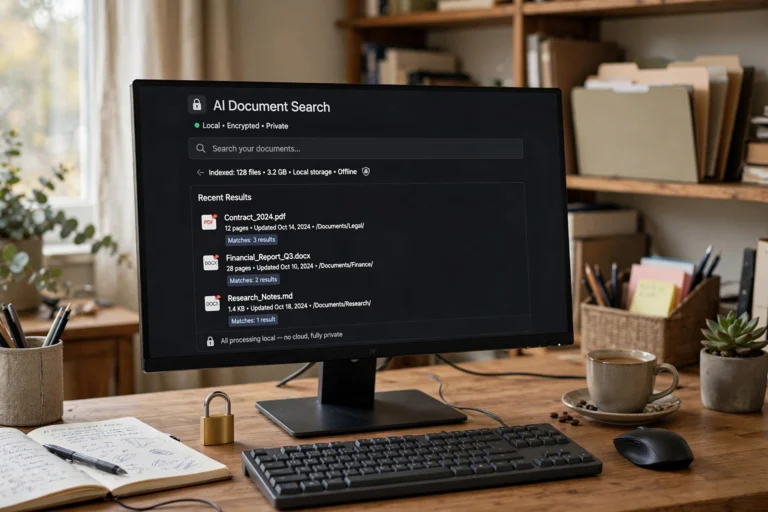 Desktop computer running a local AI document assistant with private files indexed and searchable
