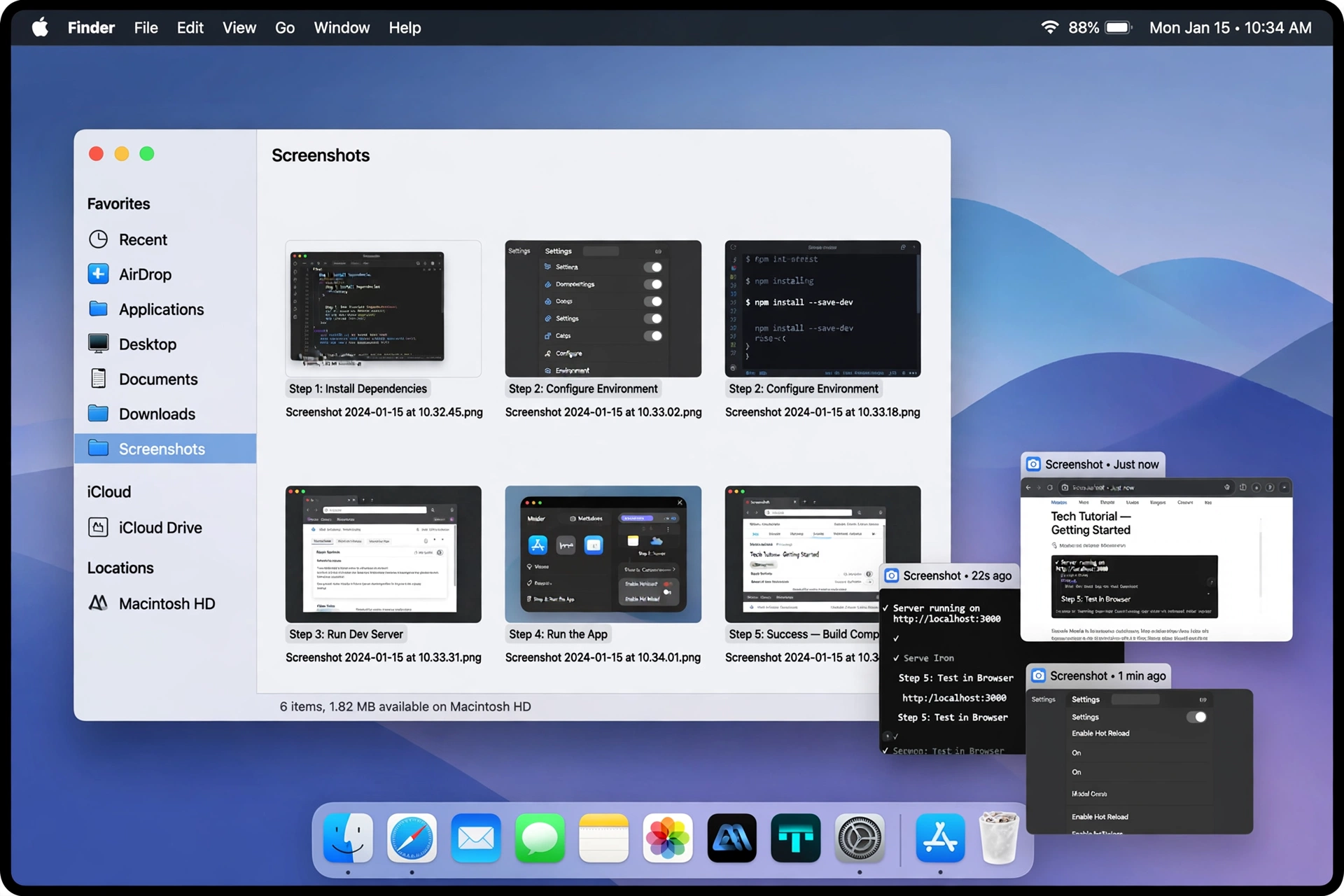 Mac desktop showing screenshot thumbnails and Screenshots folder