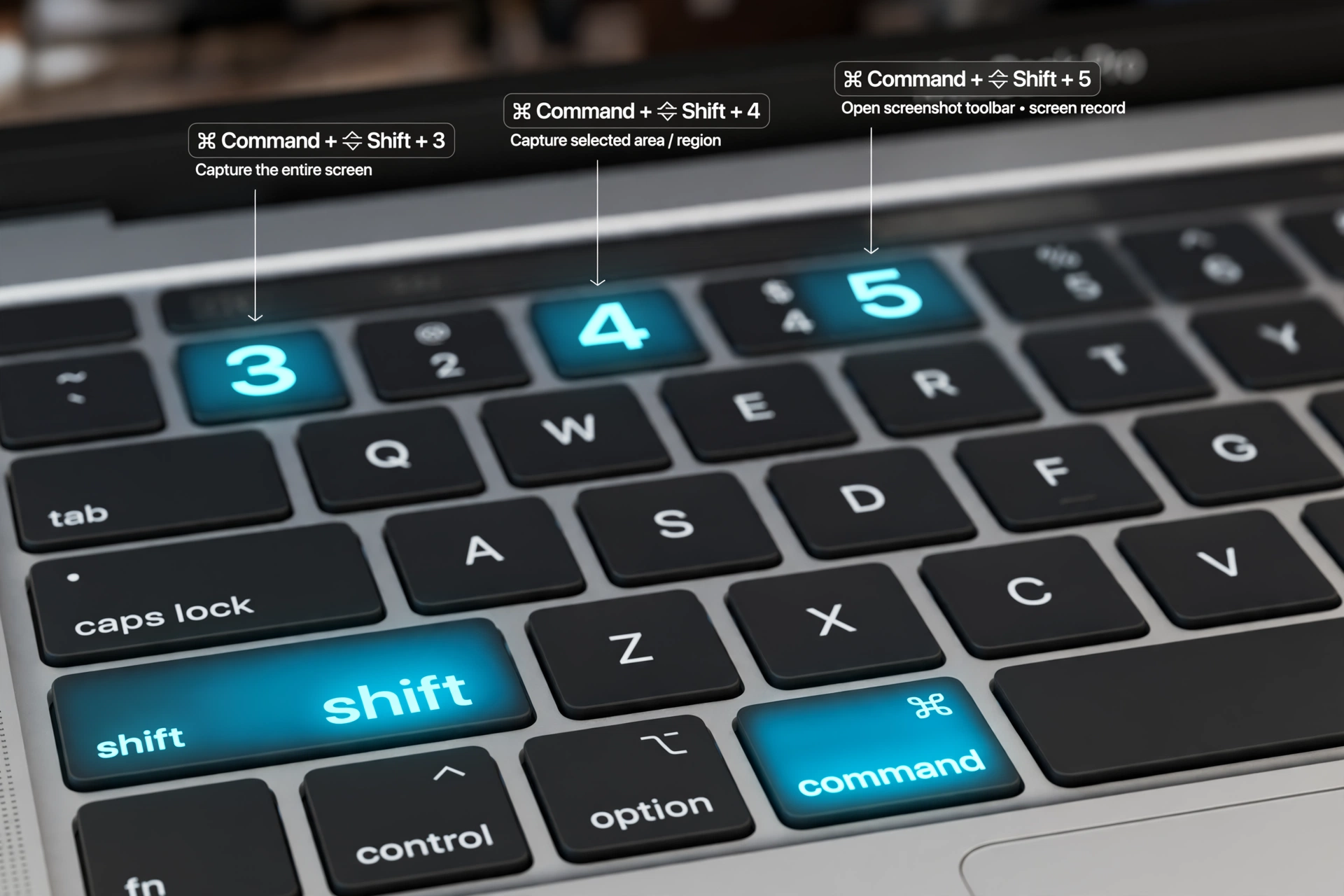 MacBook keyboard with screenshot shortcut keys highlighted