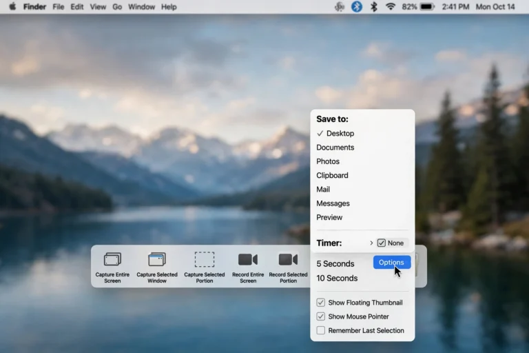 macOS screenshot toolbar with Options menu open