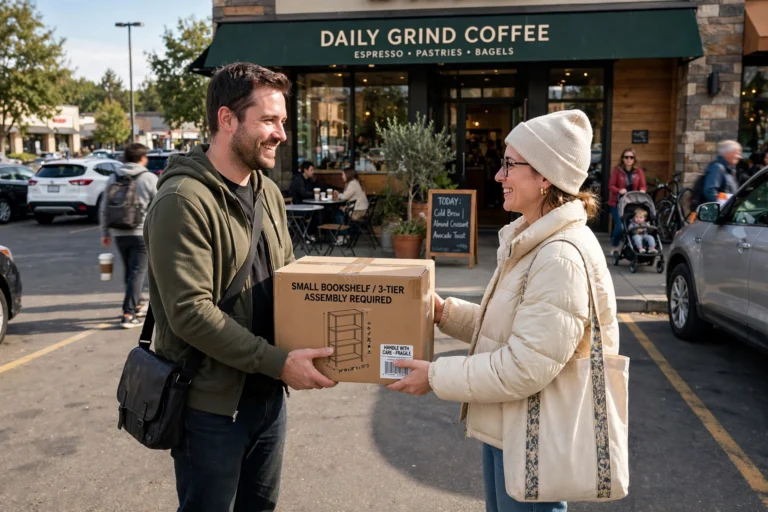 Two people completing a safe daytime marketplace transaction in a public parking lot