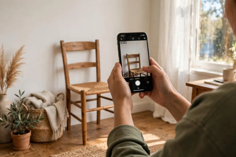 Person taking a product photo of a chair with a smartphone for an online listing