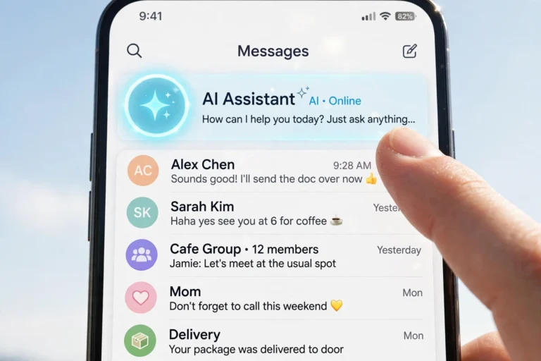 Smartphone screen showing a messaging app chat list with the glowing Meta AI assistant button at the top