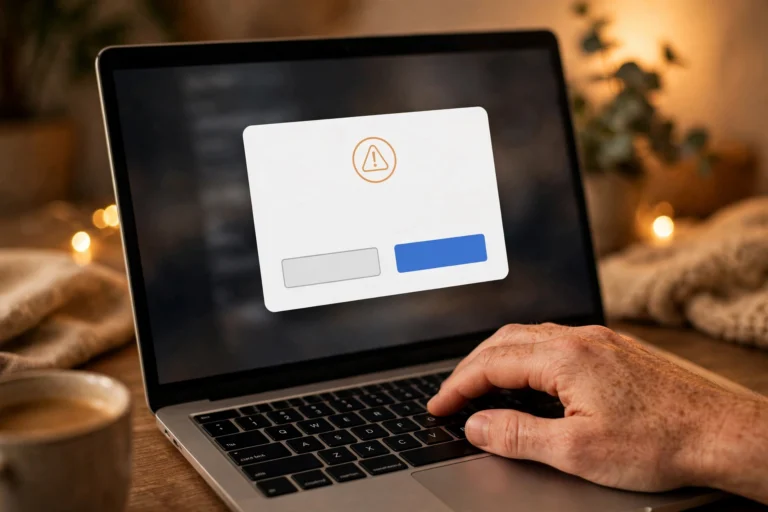 Hand on a laptop with a subscription cancellation confirmation dialog on screen