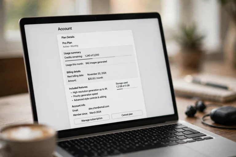 Laptop screen showing a Midjourney account subscription settings page with plan details