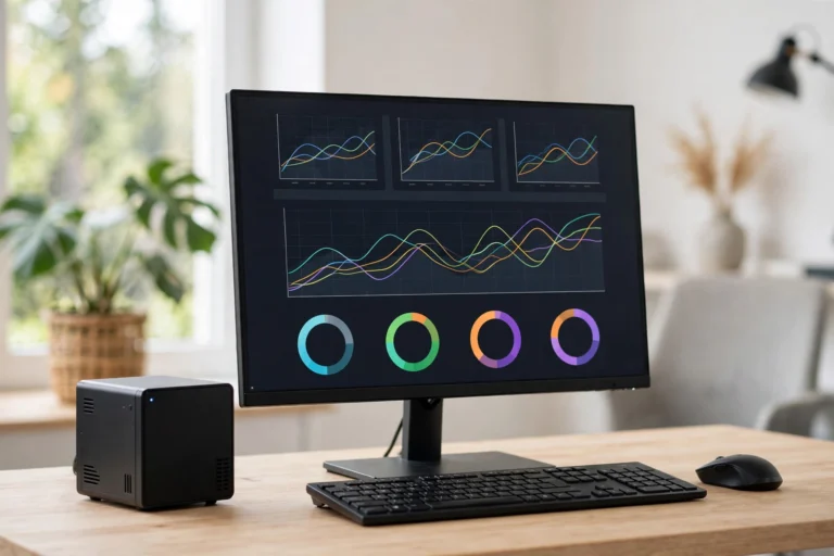 Compact mini PC on a desk next to a monitor running server software