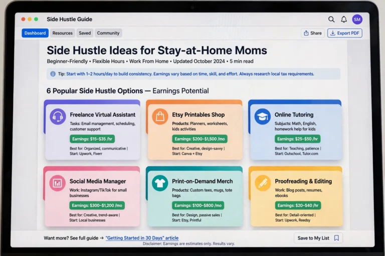 Stay-at-home mom reviewing side hustle ideas on a laptop at home